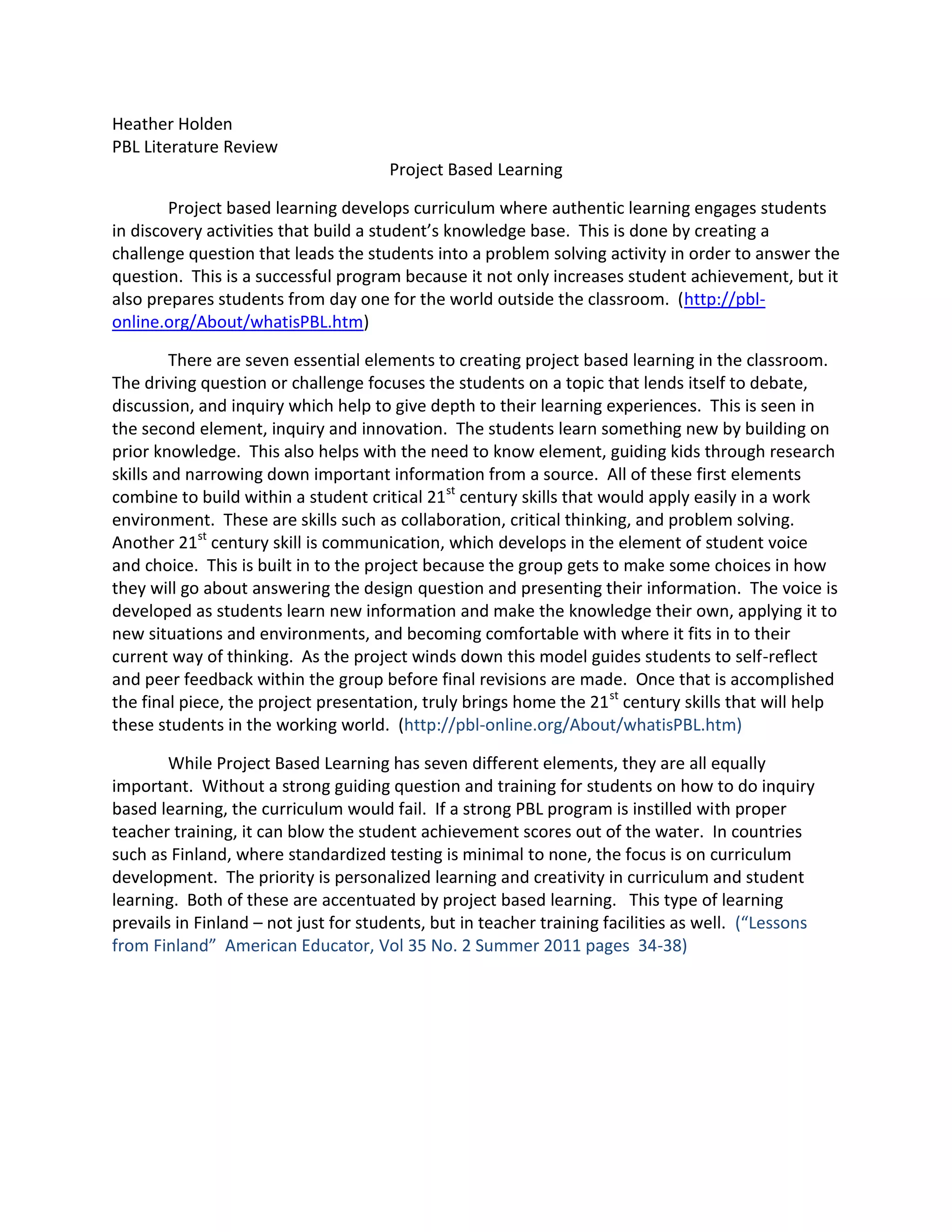 Project based learning group literature review