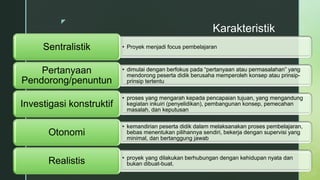 z
Karakteristik
• Proyek menjadi focus pembelajaran
Sentralistik
• dimulai dengan berfokus pada “pertanyaan atau permasalahan” yang
mendorong peserta didik berusaha memperoleh konsep atau prinsip-
prinsip tertentu
Pertanyaan
Pendorong/penuntun
• proses yang mengarah kepada pencapaian tujuan, yang mengandung
kegiatan inkuiri (penyelidikan), pembangunan konsep, pemecahan
masalah, dan keputusan
Investigasi konstruktif
• kemandirian peserta didik dalam melaksanakan proses pembelajaran,
bebas menentukan pilihannya sendiri, bekerja dengan supervisi yang
minimal, dan bertanggung jawab
Otonomi
• proyek yang dilakukan berhubungan dengan kehidupan nyata dan
bukan dibuat-buat.
Realistis
 