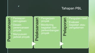 z
Tahapan PBL
Perencanaan
* Persiapan
penugasan
* Desain
perencanaan
proyek
* Menyususn
jadwal proyek Pelaksanaan
* Pengerjaan
proyek
* Monitoring
kegiatan dan
perkembangan
proyek
Pelaporan
* Pengujian hasil
* Evaluasi
kegiatan atau
pengalaman
 