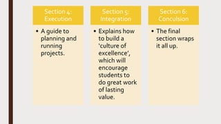 Section 4:
Execution
• A guide to
planning and
running
projects.
Section 5:
Integration
• Explains how
to build a
‘culture of
excellence’,
which will
encourage
students to
do great work
of lasting
value.
Section 6:
Conculsion
• The final
section wraps
it all up.
 