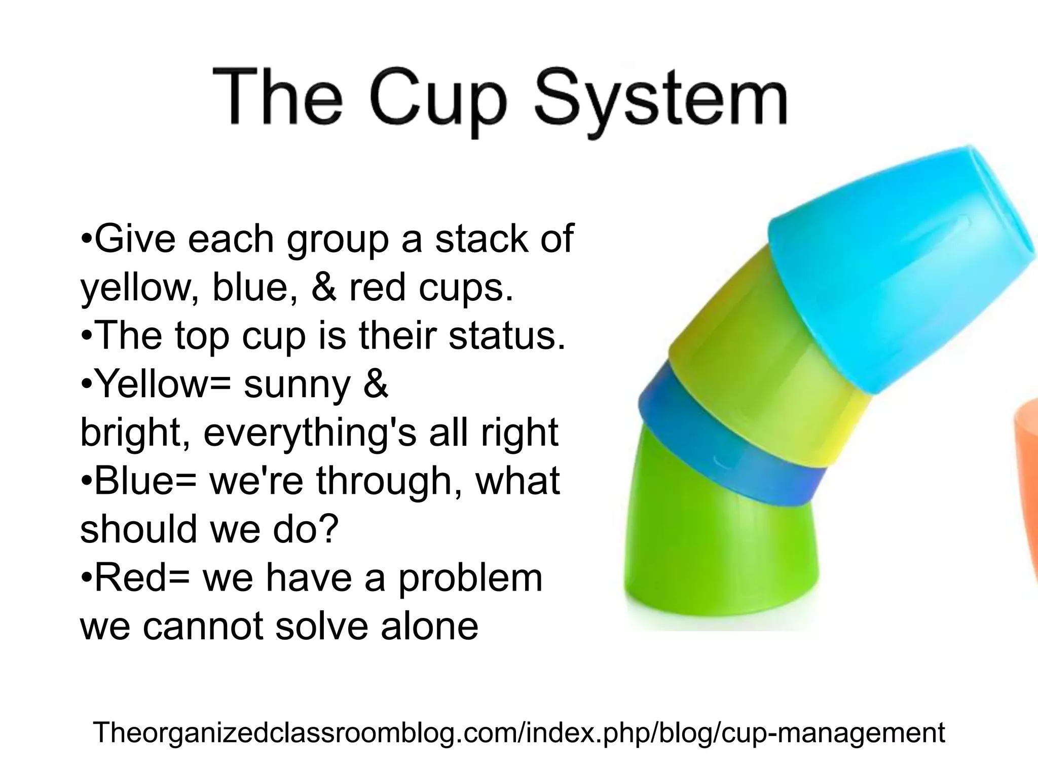 •Give each group a stack of
yellow, blue, & red cups.
•The top cup is their status.
•Yellow= sunny &
bright, everything's all right
•Blue= we're through, what
should we do?
•Red= we have a problem
we cannot solve alone
Theorganizedclassroomblog.com/index.php/blog/cup-management
 