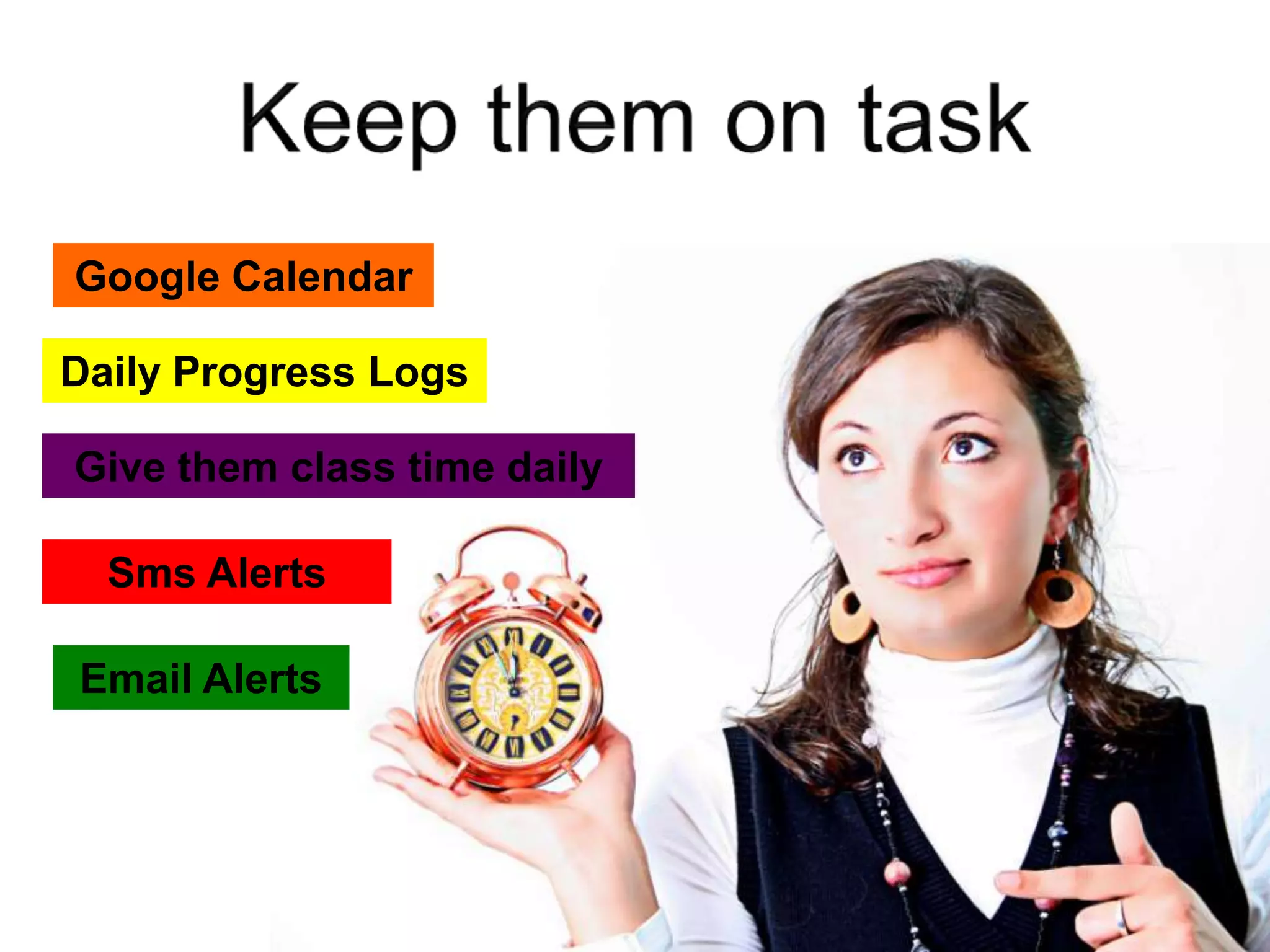 Daily Progress Logs
Email Alerts
Sms Alerts
Google Calendar
Give them class time daily
 