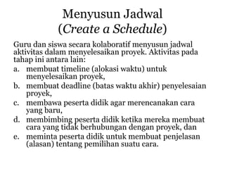 Menyusun Jadwal
(Create a Schedule)
Guru dan siswa secara kolaboratif menyusun jadwal
aktivitas dalam menyelesaikan proyek. Aktivitas pada
tahap ini antara lain:
a. membuat timeline (alokasi waktu) untuk
menyelesaikan proyek,
b. membuat deadline (batas waktu akhir) penyelesaian
proyek,
c. membawa peserta didik agar merencanakan cara
yang baru,
d. membimbing peserta didik ketika mereka membuat
cara yang tidak berhubungan dengan proyek, dan
e. meminta peserta didik untuk membuat penjelasan
(alasan) tentang pemilihan suatu cara.
 