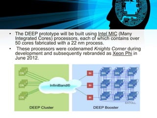 • The DEEP prototype will be built using Intel MIC (Many
Integrated Cores) processors, each of which contains over
50 cores fabricated with a 22 nm process.
• These processors were codenamed Knights Corner during
development and subsequently rebranded as Xeon Phi in
June 2012.
 