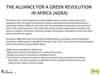 The Alliance for a Green Revolution in Africa (AGRA) works to achieve a food secure and prosperous Africa through the promotion of rapid, sustainable agricultural growth based on smallholder farmers. AGRA aims to ensure that the smallholders who produce most of Africa ’s food, in their majority women, have what they need to succeed: good seeds and healthy soils; access to markets, information, financing, storage and transport; and policies that provide them with comprehensive support. Founded in 2006 with funds from the Bill and Melinda Gates Foundation and the Rockefeller Foundation, AGRA today has US$ 400 M in funding.  Mr. Kofi A. Annan, former Secretary-General of the United Nations, Chairs AGRA ’s Board. AGRA ’s three main goals for 2020 are to: Reduce food insecurity by 50 percent in at least 20 countries Double the incomes of 20 million smallholder families Put at least 15 countries on track for attaining and sustaining a uniquely African Green Revolution:  one which supports smallholder farmers, protects the environment, and helps farmers adapt to climate change. THE ALLIANCE FOR A GREEN REVOLUTION IN AFRICA (AGRA) 
