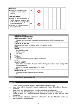 4
MATERIALS
 Appropriate materials/ recycled
materials are used to suit the
functions
10
ANALYSIS REPORT
 Quality of the documentation of
visuals sketches, drawings and
load and forces detailing of the
construction elements.
 Clarity of the analysis on success /
failure of the shelter.
20
Assessment Criteria
Group(30%)
UNDERSTANDING OF SKELETAL
CONSTRUCTION & ITS JOINTS
 The use of frame components- interpretation of columns, beams, roofing structure etc. Joints
(40%)
STRENGTH OF SHELTER
Ability of the model to take the total load applied in the specified duration.
(20%)
DESIGN
 Originality & practicality
 Weather resistant
 Easy access
(10%)
MATERIALS
 Appropriate recycle materials are used to suit the functions
(10%)
ANALYSIS REPORT
 Quality of the documentation of visuals sketches, drawings and load and forces detailing of the
construction elements.
 Clarity of the analysis on success / failure of the shelter.
(15%)
PEER EVALUATION
 Individual performance of a group member in a group.
(5%)
(Total 100% will be converted to 25%)
References
1. Chudley, R. 2006, Construction Technology. 4thedition. Pearson and Prentice Hall.
2. Lyons, Arthur, 2004. A. Materials for Architects and Builders. 2nd Edition. Oxford. Elsevier Butterwort-
Heinemann
3. Seeley, Ivor H.1995, Building Technology. 5th edition. Basingstoke, Hants: MacMillan
4. Ching, Francis D.K. 1991. Building Construction Illustrated. New York. Van Nostrand Reinhold.
5. Simmon, H. Leslie, 2001. Construction: Principles, Materials and Method. 7th Edition. New York. John
Wiley & Sons.
6. Zannos, Alexander. 1987, Form and Structure in Architecture: The Role of Statistical Function. Von
Nostrand Reinhold Company, New York
 