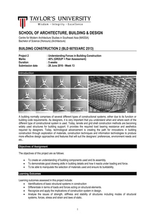 1
SCHOOL OF ARCHITECTURE, BUILDING & DESIGN
Centre for Modern Architecture Studies in Southeast Asia (MASSA)
Bachelor of Science (Honours) (Architecture)
BUILDING CONSTRUCTION 2 (BLD 60703/ARC 2513)
Project 2 : Understanding Forces in Building Construction
Marks : 40% (GROUP + Peer Assessment)
Duration : 5 weeks
Submission date : 28 June 2016 - Week 13
Introduction
A building normally comprises of several different types of constructional systems, either due to its function or
building code requirements. As designers, it is very important that you understand when and where each of the
different type of constructional system is used. Today, tensile and grid shell construction methods are becoming
widely used structures for building support. It provides the required load bearing resistance and aesthetics
required by designers. Today, technological advancement is creating the path for innovations in building
construction through exploration of materials, construction techniques and information technologies to produce
more effective design approaches and features that will suit the designers’ preferences, environment needs and
etc..
Objectives of Assignment
The objectives of this project are as follows:
 To create an understanding of building components used and its assembly.
 To demonstrate good drawing skills in building details and how it reacts under loading and force.
 To be able to manipulate the selection of materials used and ensure its buildability.
Learning Outcomes
Learning outcomes assessed in this project include:
 Identifications of basic structural systems in construction
 Differentiate in terms of loads and forces acting on structural elements.
 Recognize and apply the implications of construction system in design.
 Analyse the issues of strength, stiffness and stability of structures including modes of structural
systems, forces, stress and strain and laws of static.
 