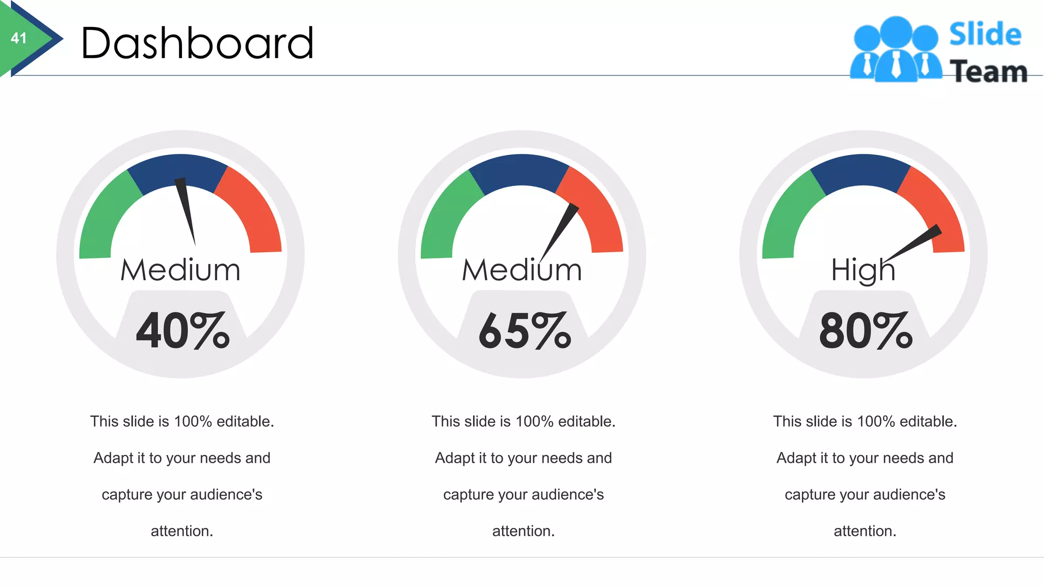 Dashboard
This slide is 100% editable.
Adapt it to your needs and
capture your audience's
attention.
80%
High
This slide is 100% editable.
Adapt it to your needs and
capture your audience's
attention.
65%
Medium
This slide is 100% editable.
Adapt it to your needs and
capture your audience's
attention.
40%
Medium
41
 