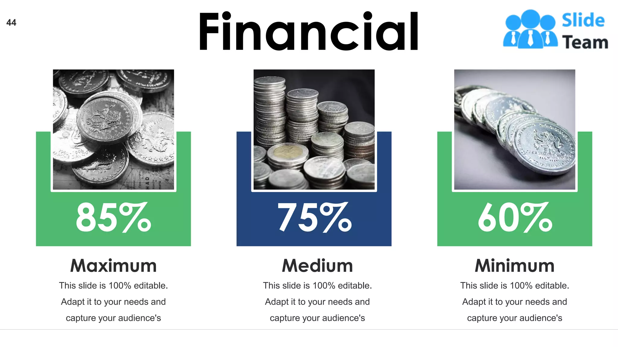 85%
This slide is 100% editable.
Adapt it to your needs and
capture your audience's
attention.
Maximum
75%
This slide is 100% editable.
Adapt it to your needs and
capture your audience's
attention.
Medium
60%
This slide is 100% editable.
Adapt it to your needs and
capture your audience's
attention.
Minimum
44
Financial
 