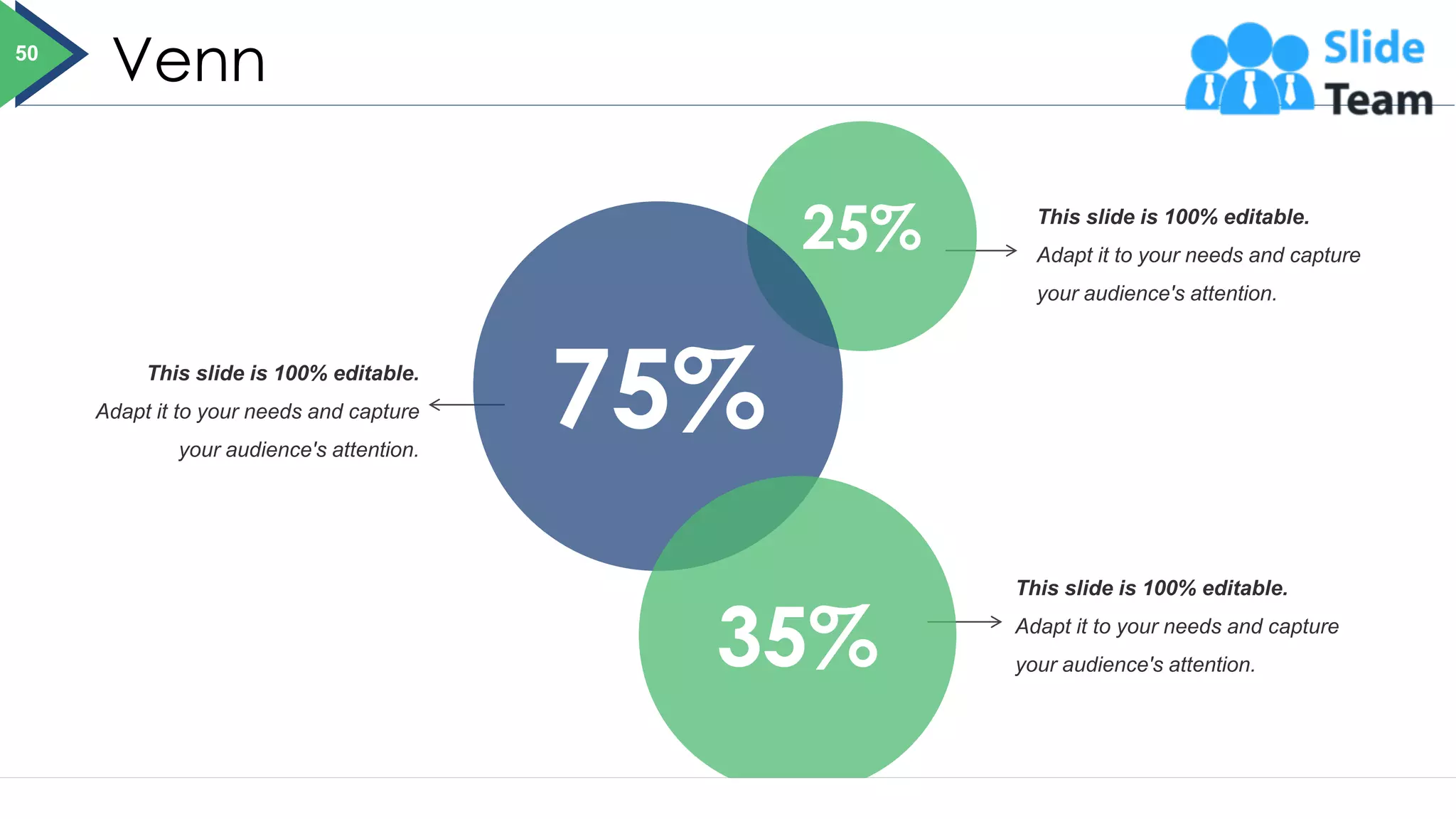 Venn
This slide is 100% editable.
Adapt it to your needs and capture
your audience's attention.
This slide is 100% editable.
Adapt it to your needs and capture
your audience's attention.
This slide is 100% editable.
Adapt it to your needs and capture
your audience's attention.
25%
75%
35%
50
 