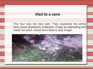 Visit to a cave
This tour was the best part. They explained the whole
story about prehistoric creatures. It was so interesting that
made me short, would have liked to stay longer.
 