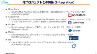 Okinawa Open Laboratory 7
他プロジェクトとの関係 (Integration)
n OpenStack
n Neutron ML2 PluginとしてCalicoを使⽤でき、OpenStackのネットワーキングとして動作
(networking-calico)
n Kubernetes
n KubernetesのAddonとしてFlannelがVxLANを使⽤するのに対して、CalicoはL3ルーティングネ
ットワークとネットワークポリシーを提供 (CNI Network plugin)
n Docker
n Docker network pluginとして動作し、ルーティングとネットワークポリシーを提供
(libnetwork plugin)
n Mesos
n CalicoがMesosに対してIPネットワーキングとセキュリティポリシーを提供
(CNI Network plugin)
n rkt
n Calicoがrktコンテナにネットワーキングとネットワークポリシーをサポート
(CNI Network plugin)
 