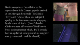 Babies everywhere. In addition to the
expected two little Carters, puppies arrived
at the Martigan household (the Miri &
Terry one). One of these was delegated
quickly to the foursome, a white shop pup
by the name of Starla. (Starla’s brother
Ginko was sent off to one of Bindi’s twin
boys; don’t remember which. He’ll actually
have an update at some point if his daughter
ever gets married…and she should.)

 