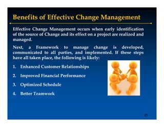Benefits of Effective Change Management
Effective Change Management occurs when early identification
of the source of Change and its effect on a project are realized and
managed.
managed
Next, a Framework to manage change is developed,
communicated to all parties, and implemented. If these steps
have all taken place, the following is likely:

1. Enhanced Customer Relationships

2. Improved Financial Performance

3. Optimized Schedule

4. Better Teamwork



                                                                       25
 