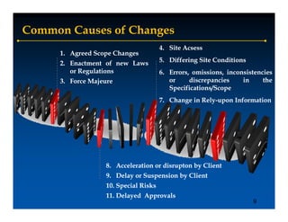 Common Causes of Changes
                                       4. Site Acsess
     1. Agreed Scope Changes
     2. Enactment of new Laws          5. Differing Site Conditions
        or R   l i
           Regulations                 6. Errors, omissions, inconsistencies
     3. Force Majeure                     or     discrepancies    in     the
                                          Specifications/Scope
                                       7. Change in Rely-upon Information
                                                    Rely-




                   8. Acceleration or disrupton by Client
                   9. Delay or Suspension by Client
                   10. Special Risks
                   11. Delayed Approvals
                                                                      9
 