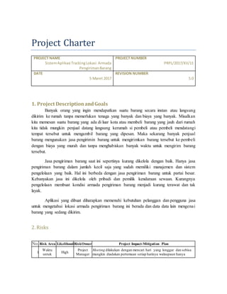 Project Charter
PROJECT NAME
SistemAplikasi TrackingLokasi Armada
PengirimanBarang
PROJECT NUMBER
PRPL/2017/XII/11
DATE
5 Maret 2017
REVISION NUMBER
5.0
1. Project DescriptionandGoals
Banyak orang yang ingin mendapatkan suatu barang secara instan atau langsung
dikirim ke rumah tanpa memerlukan tenaga yang banyak dan biaya yang banyak. Misalkan
kita memesan suatu barang yang ada di luar kota atau membeli barang yang jauh dari rumah
kita tidak mungkin penjual datang langsung kerumah si pembeli atau pembeli mendatangi
tempat tersebut untuk mengambil barang yang dipesan. Maka sekarang banyak penjual
barang mengunakan jasa pengirimin barang untuk mengirimkan barang tersebut ke pembeli
dengan biaya yang murah dan tanpa menghabiskan banyak waktu untuk mengirim barang
tersebut.
Jasa pengiriman barang saat ini sepertinya kurang dikelola dengan baik. Hanya jasa
pengiriman barang dalam jumlah kecil saja yang sudah memiliki manajemen dan sistem
pengelolaan yang baik. Hal ini berbeda dengan jasa pengiriman barang untuk partai besar.
Kebanyakan jasa ini dikelola oleh pribadi dan pemilik kendaraan sewaan. Kurangnya
pengelolaan membuat kondisi armada pengiriman barang menjadi kurang terawat dan tak
layak.
Aplikasi yang dibuat diharapkan memenuhi kebutuhan pelanggan dan pengguna jasa
untuk mengetahui lokasi armada pengiriman barang ini berada dan data data lain mengenai
barang yang sedang dikirim.
2. Risks
No. Risk Area LikelihoodRiskOwner Project Impact-Mitigation Plan
1
Waktu
untuk
High
Project
Manager
Meeting dilakukan dengan mencari hari yang longgar dan sebisa
mungkin diadakan pertemuan setiap harinya walaupaun hanya
 