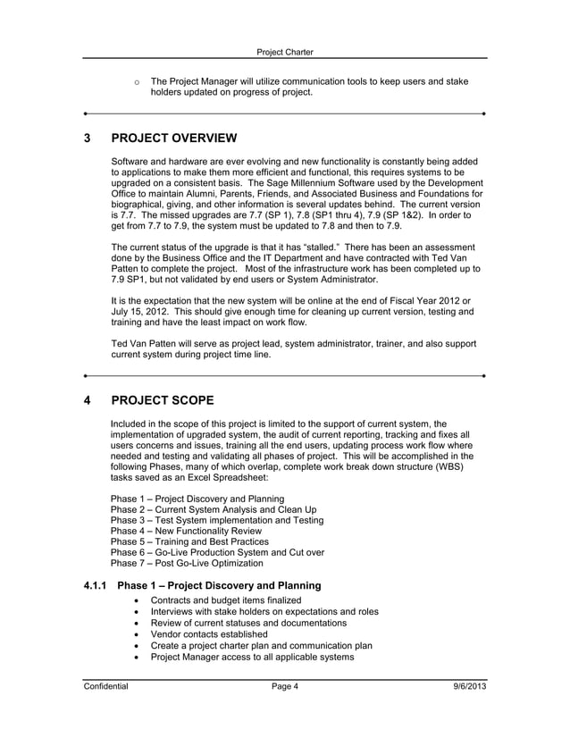 Project charter and plan document for millennium upgrade