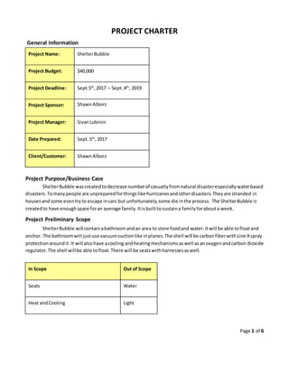 Page 1 of 6
PROJECT CHARTER
General Information
Project Name: ShelterBubble
Project Budget: $40,000
Project Deadline: Sept.5th
,2017 – Sept.4th
, 2019
Project Sponsor: ShawnAlborz
Project Manager: SivanLubinin
Date Prepared: Sept.5th
, 2017
Client/Customer: ShawnAlborz
Project Purpose/Business Case
ShelterBubble wascreatedtodecrease numberof casualtyfromnatural disasterespeciallywaterbased
disasters.Tomanypeople are unpreparedforthingslike hurricanesandotherdisasters.Theyare stranded in
housesandsome eventryto escape incars but unfortunately,some die inthe process. The ShelterBubble is
createdto have enoughspace foran average family.Itisbuilttosustaina familyforabouta week.
Project Preliminary Scope
ShelterBubble will containabathroomandan area to store foodand water.Itwill be able tofloatand
anchor. The bathroomwill justuse vacuumsuctionlike inplanes.The shell will be carbonfiberwithLine Xspray
protectionaroundit.It will alsohave acooling andheatingmechanismsaswell asanoxygenandcarbon dioxide
regulator.The shell willbe able tofloat.There will be seatswithharnessesaswell.
In Scope Out of Scope
Seats Water
Heat andCooling Light
 