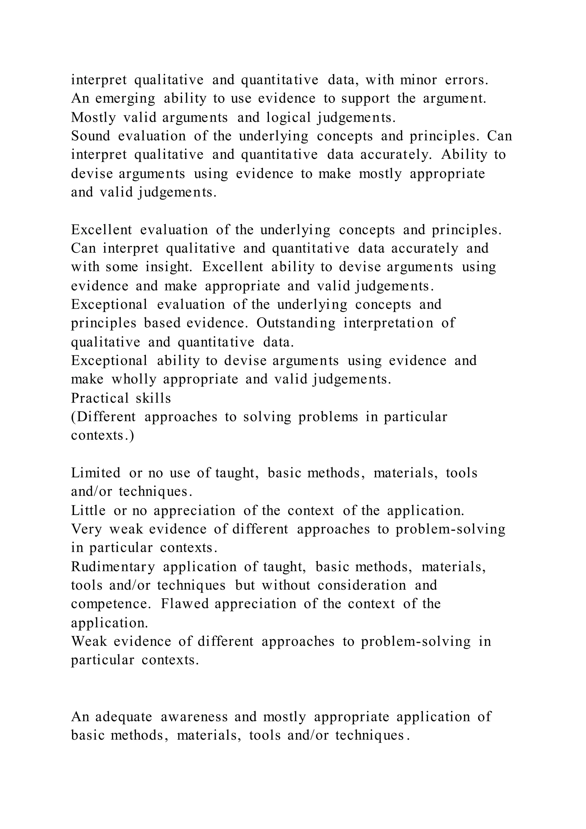 interpret qualitative and quantitative data, with minor errors.
An emerging ability to use evidence to support the argument.
Mostly valid arguments and logical judgements.
Sound evaluation of the underlying concepts and principles. Can
interpret qualitative and quantitative data accurately. Ability to
devise arguments using evidence to make mostly appropriate
and valid judgements.
Excellent evaluation of the underlying concepts and principles.
Can interpret qualitative and quantitative data accurately and
with some insight. Excellent ability to devise arguments using
evidence and make appropriate and valid judgements.
Exceptional evaluation of the underlying concepts and
principles based evidence. Outstanding interpretation of
qualitative and quantitative data.
Exceptional ability to devise arguments using evidence and
make wholly appropriate and valid judgements.
Practical skills
(Different approaches to solving problems in particular
contexts.)
Limited or no use of taught, basic methods, materials, tools
and/or techniques.
Little or no appreciation of the context of the application.
Very weak evidence of different approaches to problem-solving
in particular contexts.
Rudimentary application of taught, basic methods, materials,
tools and/or techniques but without consideration and
competence. Flawed appreciation of the context of the
application.
Weak evidence of different approaches to problem-solving in
particular contexts.
An adequate awareness and mostly appropriate application of
basic methods, materials, tools and/or techniques .
 