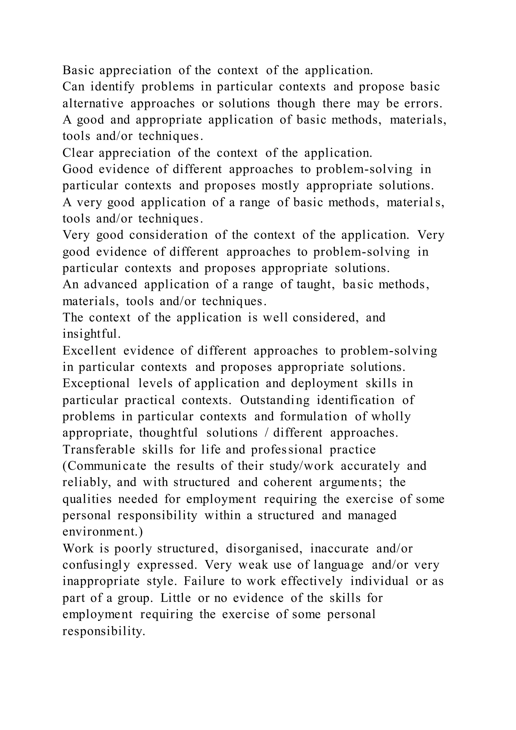 Basic appreciation of the context of the application.
Can identify problems in particular contexts and propose basic
alternative approaches or solutions though there may be errors.
A good and appropriate application of basic methods, materials,
tools and/or techniques.
Clear appreciation of the context of the application.
Good evidence of different approaches to problem-solving in
particular contexts and proposes mostly appropriate solutions.
A very good application of a range of basic methods, material s,
tools and/or techniques.
Very good consideration of the context of the application. Very
good evidence of different approaches to problem-solving in
particular contexts and proposes appropriate solutions.
An advanced application of a range of taught, basic methods,
materials, tools and/or techniques.
The context of the application is well considered, and
insightful.
Excellent evidence of different approaches to problem-solving
in particular contexts and proposes appropriate solutions.
Exceptional levels of application and deployment skills in
particular practical contexts. Outstanding identification of
problems in particular contexts and formulation of wholly
appropriate, thoughtful solutions / different approaches.
Transferable skills for life and professional practice
(Communicate the results of their study/work accurately and
reliably, and with structured and coherent arguments; the
qualities needed for employment requiring the exercise of some
personal responsibility within a structured and managed
environment.)
Work is poorly structured, disorganised, inaccurate and/or
confusingly expressed. Very weak use of language and/or very
inappropriate style. Failure to work effectively individual or as
part of a group. Little or no evidence of the skills for
employment requiring the exercise of some personal
responsibility.
 