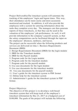 Project DeliverablesThe timesheet system will automate the
tracking of the employees’ login and logout times. This way,
their attendance can be more easily and more accurately
monitored and tracked. In addition, it will also provide the
employees with a system for entering information about the
tasks they complete every day. The managers can then generate
reports of these timesheets, so that they can be used in the
valuation of the employees’ job performance. As well, it will
provide information to the company’s payroll system, so that
the salary computations can be facilitated through the input on
the employees’ absences, tardiness, and leaves.
The project can be successful when the following products and
services are delivered on time.1. Business Requirements
Document (BRD)
2. Design Requirements Document (DRD) for the login module
3. DRD for the Timesheet module
4. DRD for the Payroll module
5. Program code for the Login module
6. Program code for the timesheet module
7. Program code for the payroll module
8. Use case documents for the login module
9. Use case documents for the timesheet module
10. Use case documents for the payroll module
11. User’s guide for the timesheet system in PDF format
12. Online help for the timesheet system
13. Administrator’s guide for the timesheet system in PDF
format.
Project Objectives
The objective of this project is to develop a web-based
timesheet system that will keep track of the employee’s
timesheet information by Dec 23, 2017 at a budgeted cost of
$100,000. The goals of the project will include the following
 