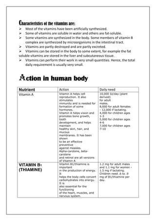 Characteristics of the vitamins are:
Most of the vitamins have been artificially synthesized.
Some of vitamins are soluble in water and others are fat-soluble.
Some vitamins are synthesized in the body. Some members of vitamin B
complex are synthesized by microorganisms in the intestinal tract.
Vitamins are partly destroyed and are partly excreted.
Vitamins can be stored in the body to some extent, for example the fat
soluble vitamins are stored in the liver and subcutaneous tissue.
Vitamins can perform their work in very small quantities. Hence, the total
daily requirement is usually very small.
Action in human body
Nutrient Action Daily need
Vitamin A Vitamin A helps cell
reproduction. It also
stimulates
immunity and is needed for
formation of some
hormones.
Vitamin A helps vision and
promotes bone growth,
tooth
development, and helps
maintain
healthy skin, hair, and
mucous
membranes. It has been
shown
to be an effective
preventive
against measles.
Alpha-carotene, beta-
carotene
and retinol are all versions
of Vitamin A
10,000 IU/day (plant
derived)
for adult
males.
8,000 for adult females
- 12,000 if lactating.
4,000 for children ages
1-3
5,000 for children ages
4-6
7,000 for children ages
7-10
VITAMIN B1
(THIAMINE)
Vitamin B1/thiamine is
important
in the production of energy.
It
helps the body cells convert
carbohydrates into energy.
It is
also essential for the
functioning
of the heart, muscles, and
nervous system.
1.2 mg for adult males
and 1.1 mg for women -
1.5 mg if lactating.
Children need .6 to .9
mg of B1/thiamine per
day.
 