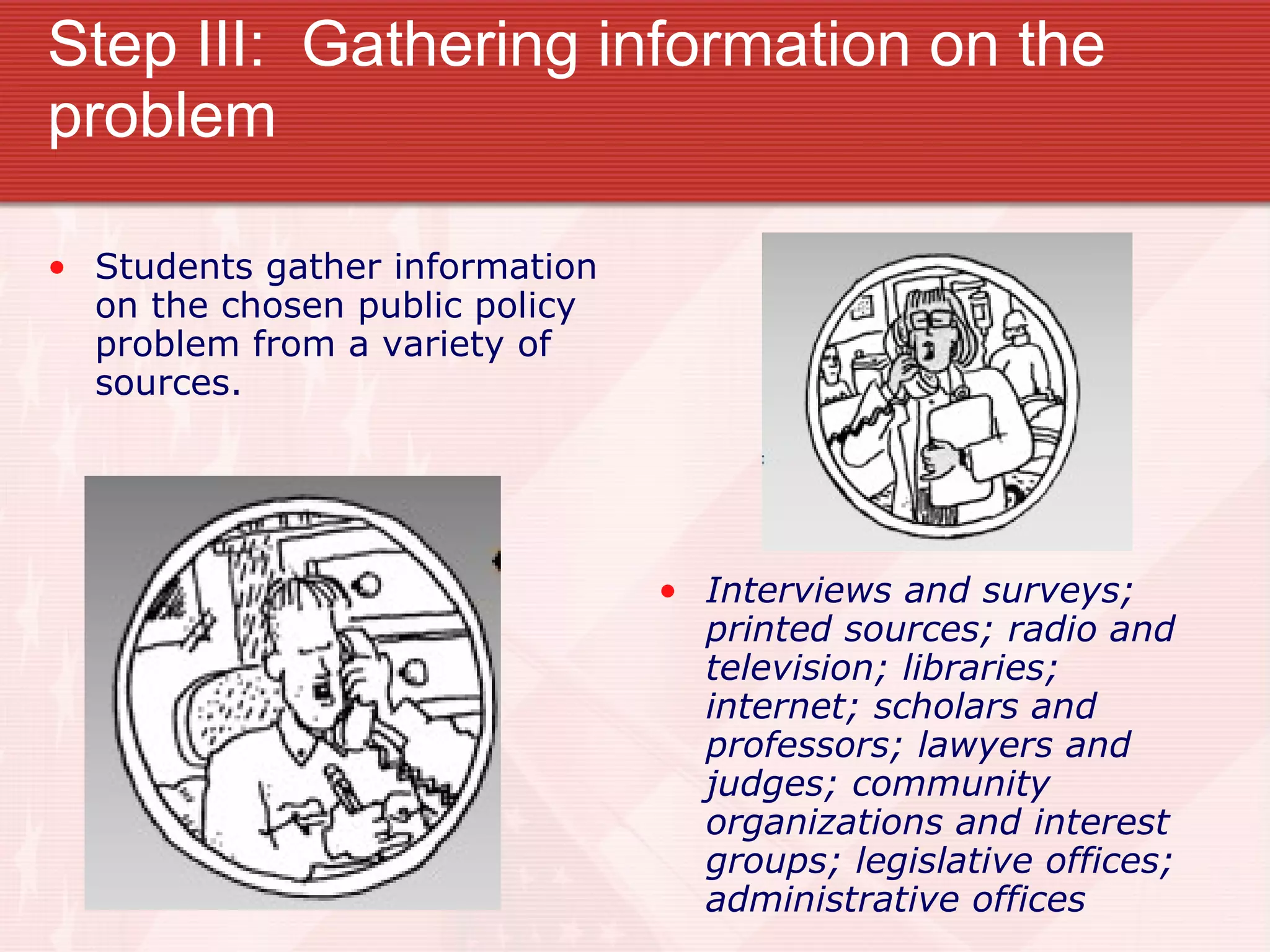 Step III:  Gathering information on the problem Students gather information on the chosen public policy problem from a variety of sources.  Interviews and surveys; printed sources; radio and television; libraries; internet; scholars and professors; lawyers and judges; community organizations and interest groups; legislative offices; administrative offices 