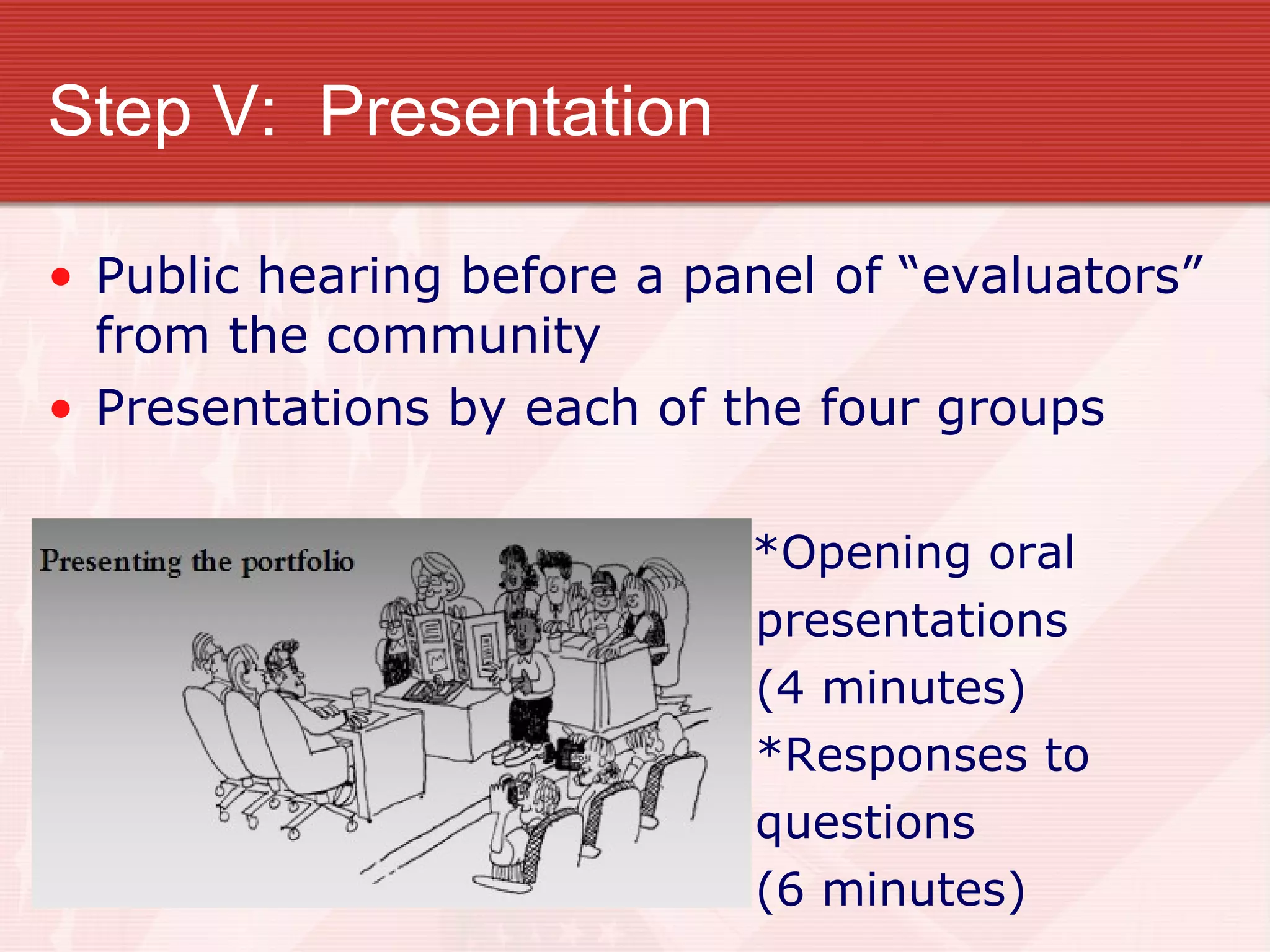 Step V:  Presentation Public hearing before a panel of “evaluators” from the community Presentations by each of the four groups   *Opening oral presentations  (4 minutes) *Responses to questions  (6 minutes) 