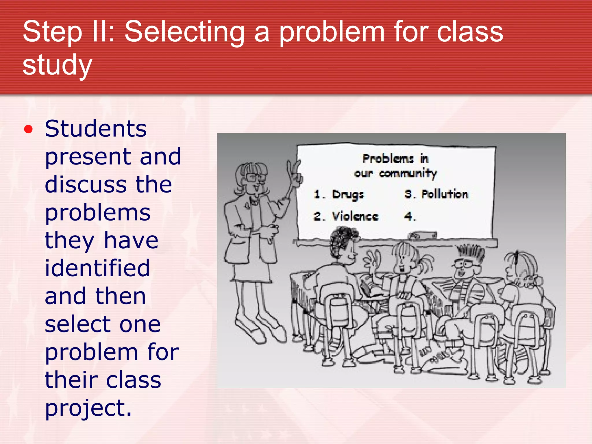 Step II: Selecting a problem for class study Students present and discuss the problems they have identified and then select one problem for their class project. 