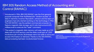 IBM 305 Random Access Method of Accounting and
Control (RAMAC)
5
Image Source:
http://www.king-computer.com/king/index.php/es_ES/galeria-de-
fotos/computers.html
⬡Introduced in 1956, IBM 305 RAMAC was the first general-
purpose computer that facilitated the “random access” of
data in real time. Inventor Reynold B. Johnson and his team of
engineers had only started working on the technology in 1952.
The 305 RAMAC was the earliest commercial computer to
feature magnetic disk storage, and it only took around 600
milliseconds to execute the “seek” command.
⬡The system’s magnetic disk memory unit was made up of 50
disks with 50,000 sectors, and the disks could spin at 1,200
revolutions per minute. Businesses were now able to store and
access information on demand. Thanks to the 305 RAMAC,
data processing had been revolutionized forever.
 