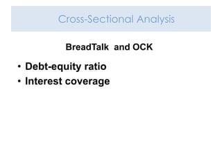 Cross-Sectional Analysis
BreadTalk and OCK
• Debt-equity ratio
• Interest coverage
 