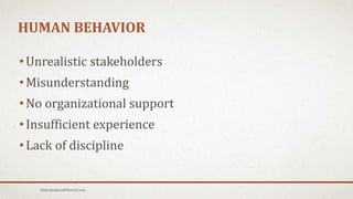 HUMAN BEHAVIOR
• Unrealistic stakeholders
• Misunderstanding
• No organizational support
• Insufficient experience
• Lack of discipline
Islam.Hedjazy@Hotmail.com
 