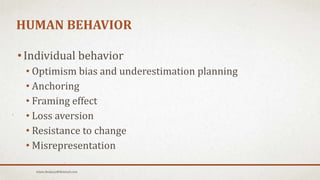 HUMAN BEHAVIOR
• Individual behavior
• Optimism bias and underestimation planning
• Anchoring
• Framing effect
• Loss aversion
• Resistance to change
• Misrepresentation
Islam.Hedjazy@Hotmail.com
 