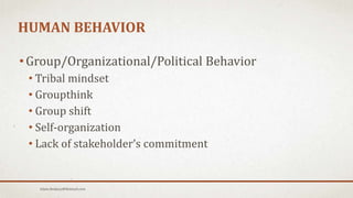 HUMAN BEHAVIOR
• Group/Organizational/Political Behavior
• Tribal mindset
• Groupthink
• Group shift
• Self-organization
• Lack of stakeholder’s commitment
Islam.Hedjazy@Hotmail.com
 