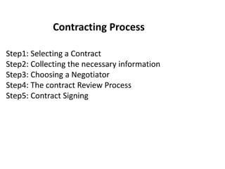 Contracting Process
Step1: Selecting a Contract
Step2: Collecting the necessary information
Step3: Choosing a Negotiator
Step4: The contract Review Process
Step5: Contract Signing
 