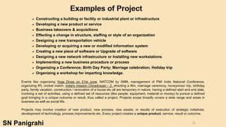 11
Constructing a building or facility or industrial plant or infrastructure
Developing a new product or service
Business takeovers & acquisitions
Effecting a change in structure, staffing or style of an organization
Designing a new transportation vehicle
Developing or acquiring a new or modified information system
Creating a new piece of software or Upgrade of software
Designing a new network infrastructure or Installing new workstations
Implementing a new business procedure or process
Organizing a Conference; Birth Day Party; Marriage celebration; Holiday trip
Organizing a workshop for imparting knowledge.
Events like organizing Yoga Divas on 21st June, NATCOM by IIMM, management of PMI India National Conference,
organizing IPL cricket match, India's mission Chnadrayan - 2, shooting a film, marriage ceremony, honeymoon trip, birthday
party, family vacation, construction / renovation of a house etc all are temporary in nature, having a defined start and end date,
involving a set of activities, using a defined set of resources (like people, equipment, material or money) to pursue a defined
goal bringing in a unique outcome or result, thus called a project. Projects scope broadly covers a wide range and areas in
business as well as social life.
Projects may involve creation of new product, new process, new assets, or results of execution of strategic initiatives,
development of technology, process improvements etc. Every project creates a unique product, service, result or outcome.
SN Panigrahi
 