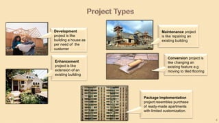 4
Maintenance project
is like repairing an
existing building
Development
project is like
building a house as
per need of the
customer
Conversion project is
like changing an
existing feature e.g.
moving to tiled flooring
Enhancement
project is like
extension of an
existing building
Package Implementation
project resembles purchase
of ready-made apartments
with limited customization.
 