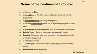 SN Panigrahi
49
a) a Promise / an Offer;
b) an Acceptance of that offer which results in a meeting of the minds
(agreement);
c) a Promise to Perform (Mutuality of Obligation);
d) a Valuable Consideration (which can be a promise or payment in some
form);
e) a time or event when Performance must be made (meet commitments);
f) Definite Terms : Terms of the contract are reasonably certain;
g) Capacity : The parties must have competency and capacity in order to
create a binding contract.
h) a written Instrument.
i) Legal Purpose: A contract must be for a legal purpose in order to be
binding
j) Performance (as per agreement).
Some of the Features of a Contract
 