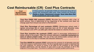 Cost Reimbursable (CR) Cost Plus Contracts
62
Cost
Reimbursable
(CR) Contracts
Cost Plus FIXED FEE contracts (CPFF): Provides the contractor with a fee, or
profit amount, that is determined at the beginning of the contract and does not
change apart from Actual Cost which is Reimbursed.
Cost Plus Percentage of cost contracts (CPPC): Reimburses actual costs +
agreed percentage fee on actual expenses such as 5% of total allowable costs.
More popular over CPFF, as seller gets rational fee based on volume of work..
Cost Plus incentive fee contracts (CPIF): used to encourage performance in
areas critical to the project. Often the contract attempts to motivate contractors to
save or reduce project costs. The use of the cost reimbursable contract with an
incentive fee is one way to motivate cost reduction behaviors.
Cost Plus AWARD fee contracts (CPAF): reimburses the contractor for all allowable costs plus
a fee that is based on performance criteria. The fee is typically based on goals or objectives that
are more subjective. An amount of money is set aside for the contractor to earn through
excellent performance, and the decision on how much to pay the contractor is left to the
judgment of the project team. The amount is sufficient to motivate excellent performance.
In these contracts, all applicable COSTs are reimbursed along with an
agreed FEE representing seller profit. These contracts are inherently
flexible to Scope / Requirement changes. Buyer takes More Risk
as the overall time & cost is open ended.
 