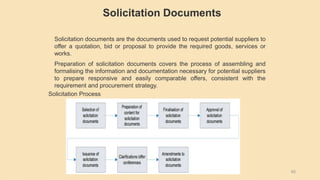 65
Solicitation Documents
Solicitation documents are the documents used to request potential suppliers to
offer a quotation, bid or proposal to provide the required goods, services or
works.
Preparation of solicitation documents covers the process of assembling and
formalising the information and documentation necessary for potential suppliers
to prepare responsive and easily comparable offers, consistent with the
requirement and procurement strategy.
Solicitation Process
 