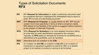Types of Solicitation Documents
RFX
67
RFI RFI (Request for Information) is really a preliminary document used
by companies that don’t understand the marketplace they’re about to
enter. RFI is more of a fact-finding document.
RFP RFP (Request for Proposal), is usually follows an RFI. RFP should
contain much more specificity in terms of what a company’s needs.
RFP allows for the flexibility of the vendor to suggest creative solutions
to the problem or Alternate Proposals.
RFQ RFQ (Request for Quotation) is an more detailed document calling
for price bids for exact specifications required by the company.
Typically, an RFQ seeks an itemized list of prices for something that is
well-defined and quantifiable, such as hardware.
RFB Alternative term for invitation to bid (ITB)
IFB An invitation for bid (IfB) or invitation to bid (ItB) is an invitation to
contractors or equipment suppliers to submit an offer on a specific
project to be realized or product or service to be furnished.
 