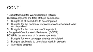 CONT
• Budgeted Cost for Work Schedule (BCWS
BCWS represents the total of three component
1. Budgets of all schedules to be completed
2. Budgets for the portion of in-process work scheduled to be
accomplished
3. Budgets for the overheads of the project
• Budgeted Cost for Work Performed (BCWP)
BCWP is the sum total of three components
1. Budgets for work packages already completed
2. Budgets applicable to completed work in process
3. Overhead budgets
 