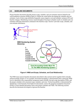 Project Control Handbook


2.0     BASELINE DOCUMENTS

Project baseline documents describe project scope, schedule, and cost estimates and are linked by the
work breakdown structure (WBS) (Figure 4). Define the scope before developing the schedule and cost
estimates. Lack of clear scope definition frequently causes negative cost and schedule variances (SV) and
baseline changes. Distributing resource needs throughout the project schedule results in schedule and cost
estimates reflecting information contained in the baseline scope. Section 3 provides scope, schedule, and
cost estimate information.



               WBS - The Glue That Ties All Baseline
                       Elements Together




            WBS Numbering System
            Hierarchy:
                                                              Scope
                           1.
                           1.4.
                           1.4.2.
                           1.4.2.6.
                           1.4.2.6.7
                                                              WBS
                           1.4.2.6.7.8.                Cost           Schedule
                           1.4.2.6.7.8.10.
                           1.4.2.6.7.8.10.AA


                                      Cost Accounting Codes Must Tie
                                       To The WBS Numbering System !


                  Figure 4: WBS and Scope, Schedule, and Cost Relationship

The WBS must crosscut baseline documents (described in this section) and tie together both vertically
and horizontally (Figure 5). For example, horizontal traceability is demonstrated when a particular WBS
level is identified in the responsibility assignment matrix (RAM), the task scope description (TSD), and
the project schedule with consistent scope, schedule, and costs. Vertical traceability is demonstrated by
identifying a work hierarchy from high-level documents, such as the program assumptions document
(PAD), to more detailed documents such as the project schedule and TSDs. The following sections
describe the documents developed to represent the baseline.




NNSA Service Center EPD                                6                            LBNL_Guide_to413.3
 