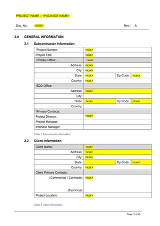 PROJECT NAME – <PACKAGE NAME>
Doc. No: <XXX> Rev.: A
Page 11 of 45
3.0 GENERAL INFORMATION
3.1 Subcontractor Information
Project Number: <xxx>
Project Title: <xxx>
Primary Office: - <xxx>
Address: <xxx>
City: <xxx>
State: <xxx> Zip Code: <xxx>
Country: <xxx>
EDD Office: -
Address: <xxx>
City:
State: <xxx> Zip Code: <xxx>
Country:
Primary Contacts:
Project Director: <xxx>
Project Manager:
Interface Manager:
Table 1 Subcontractor Information
3.2 Client Information
Client Name: <xxx>
Address: <xxx>
City: <xxx>
State: Zip Code: <xxx>
Country: <xxx>
Client Primary Contacts:
(Commercial / Contracts)
(Technical)
<xxx>
Project Location: <xxx>
Table 2 Client Information
 
