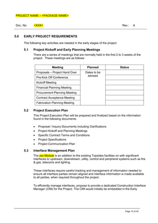PROJECT NAME – <PACKAGE NAME>
Doc. No: <XXX> Rev.: A
Page 15 of 45
5.0 EARLY PROJECT REQUIREMENTS
The following key activities are needed in the early stages of the project:
5.1 Project Kickoff and Early Planning Meetings
There are a series of meetings that are normally held in the first 2 to 3 weeks of the
project. These meetings are as follows:
Meeting Planned Status
Proposals – Project Hand Over Dates to be
advised
Pre-Kick Off Conference
Kickoff Meeting
Financial Planning Meeting
Procurement Planning Meeting
Contract Acceptance Meeting
Fabrication Planning Meeting
5.2 Project Execution Plan
This Project Execution Plan will be prepared and finalized based on the information
found in the following documents:
• Proposal / Inquiry Documents including Clarifications
• Project Kickoff and Planning Meetings
• Specific Contract Terms and Conditions
• Project Specifications
• Project Communication Plan
5.3 Interface Management Plan
The xxx Module is an addition to the existing Topsides facilities on with significant
interfaces to upstream, downstream, utility, control and peripheral systems such as fire
& gas, telecoms and lighting.
These interfaces require careful tracking and management of information needed to
ensure all interface parties remain aligned and interface information is made available
to all parties, when required throughout the project.
To efficiently manage interfaces, propose to provide a dedicated Construction Interface
Manager (CIM) for the Project. The CIM would initially be embedded in the Early
 