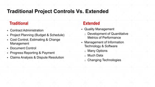 Traditional Project Controls Vs. Extended
▪ Contract Administration
▪ Project Planning (Budget & Schedule)
▪ Cost Control, Estimating & Change
Management
▪ Document Control
▪ Progress Reporting & Payment
▪ Claims Analysis & Dispute Resolution
▪ Quality Management
o Development of Quantitative
Metrics of Performance
▪ Management of Information
Technology & Software
o Many Options
o Much Data
o Changing Technologies
Traditional Extended
 