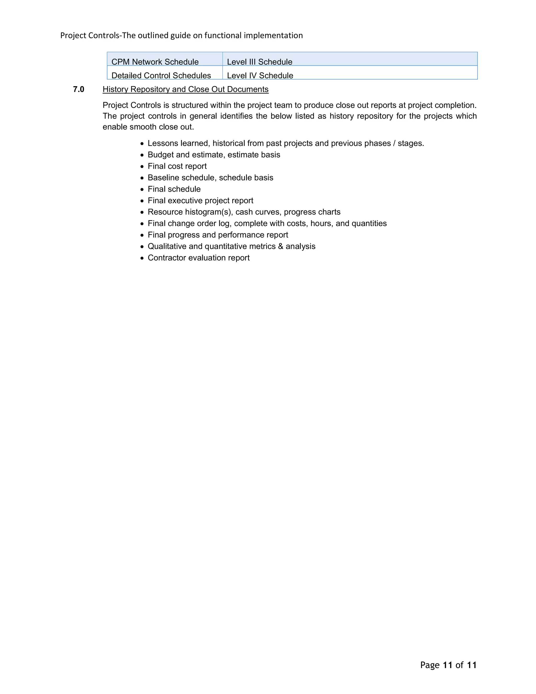Project Controls-The outlined guide on functional implementation
Page 11 of 11
CPM Network Schedule Level III Schedule
Detailed Control Schedules Level IV Schedule
7.0 History Repository and Close Out Documents
Project Controls is structured within the project team to produce close out reports at project completion.
The project controls in general identifies the below listed as history repository for the projects which
enable smooth close out.
 Lessons learned, historical from past projects and previous phases / stages.
 Budget and estimate, estimate basis
 Final cost report
 Baseline schedule, schedule basis
 Final schedule
 Final executive project report
 Resource histogram(s), cash curves, progress charts
 Final change order log, complete with costs, hours, and quantities
 Final progress and performance report
 Qualitative and quantitative metrics & analysis
 Contractor evaluation report
 
