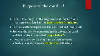 Purpose of the canal…!
 In the 19th century the Buckingham canal and the cooum
river were considered as the major mode of transport.
 People used to transport wooden logs, food and mainly salt
 Salt was the mostly transported goods through the canal
and that is why it was called “uppu kalvai”.
 It was also used by the people to do their domestic
activities, and also it was a tourist spot at that time.
 