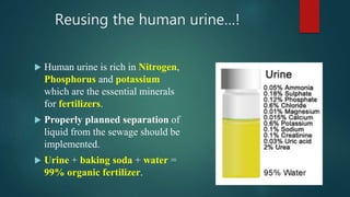 Reusing the human urine…!
 Human urine is rich in Nitrogen,
Phosphorus and potassium
which are the essential minerals
for fertilizers.
 Properly planned separation of
liquid from the sewage should be
implemented.
 Urine + baking soda + water =
99% organic fertilizer.
 