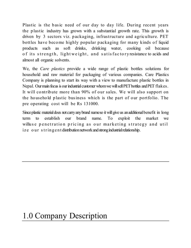 Plastic Manufacturing Company Business Plan